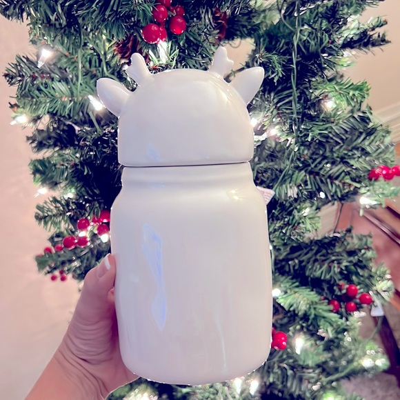 Rae Dunn Rudolf Reindeer Snacks Container White & Red Christmas Decor Holiday - Picture 3 of 11